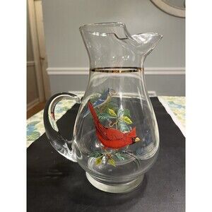 Vintage West Virginia Glass Pitcher Birds Cardinal Blue Jay Gold Rim 10" Tall